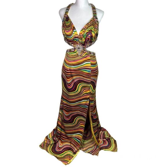 Camille La Vie Multicolor Plunge Neckline Cocktail Prom Long Train Dress Sz 4 - Picture 1 of 16